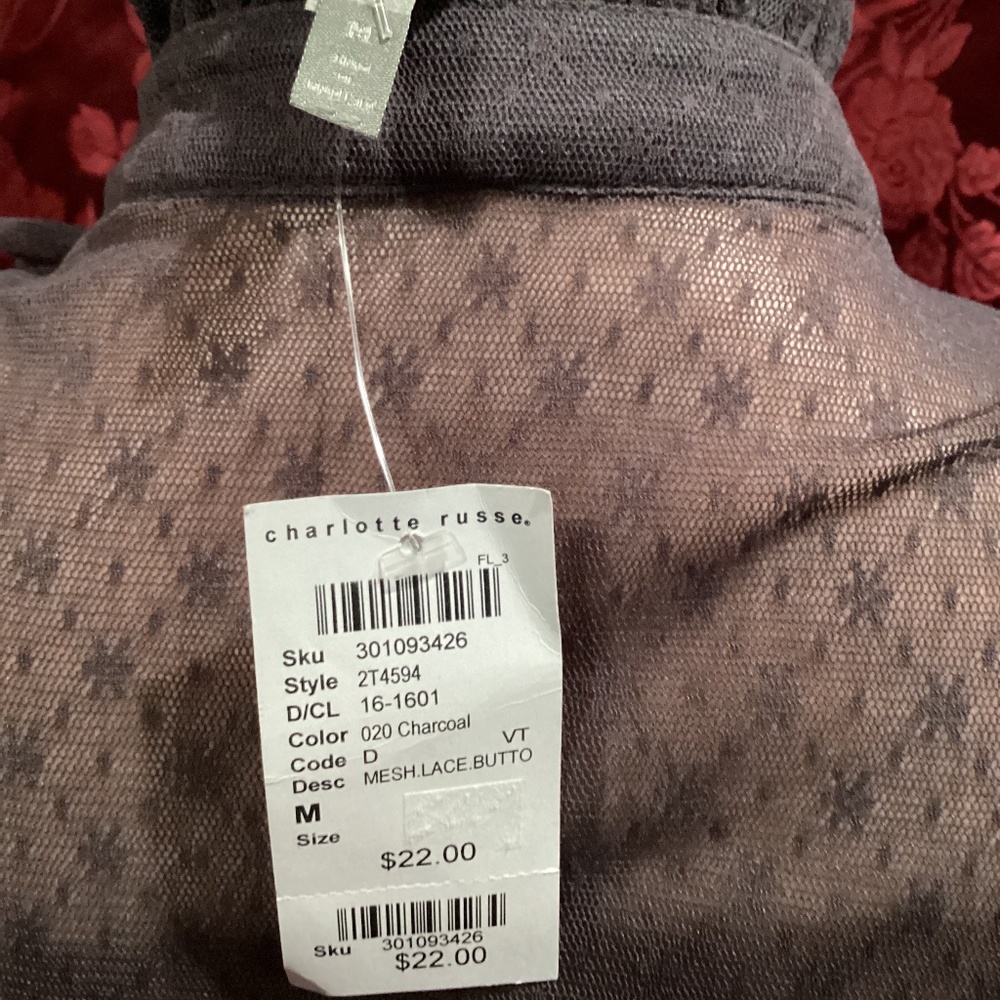 CHARLOTTE RUSSE charcoal medium button down mesh laced sleeveless blouse. - Picture 4 of 10